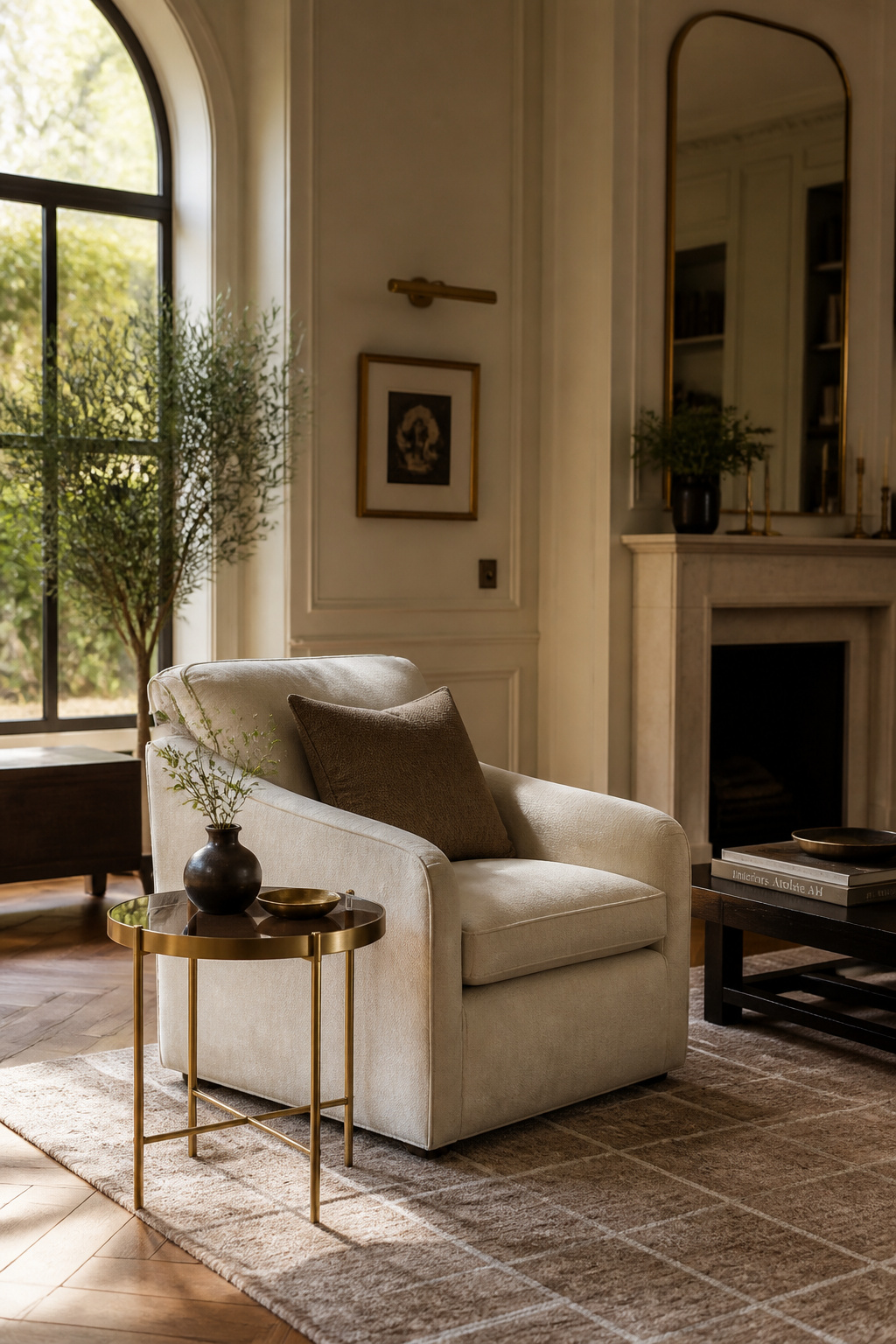 Smoked glass and unlacquered brass bring a subtle warm shine against matte, natural surfaces.