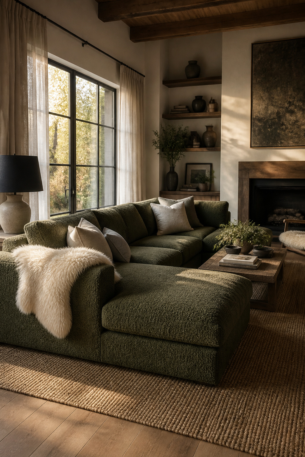 Bouclé, linen, and sheepskin textures layered together bring tactile warmth to a neutral living room.