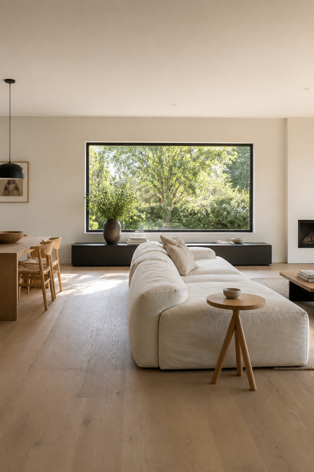 A low-profile linen sofa paired with a tall oak side table keeps sightlines open across the room.