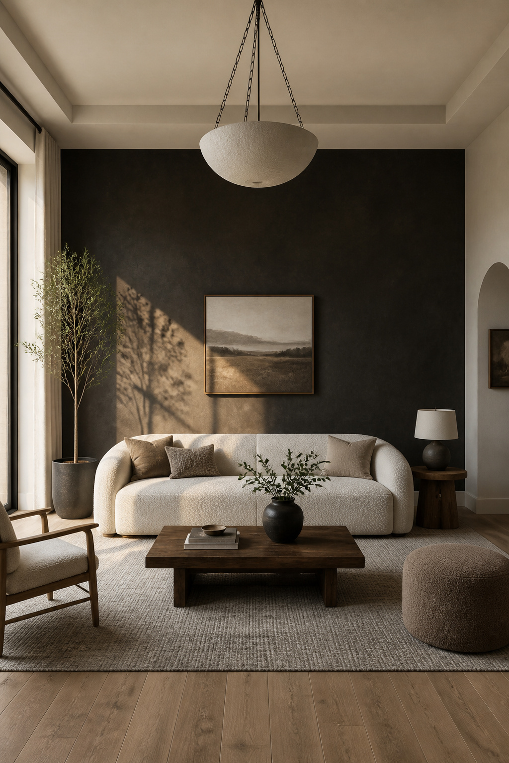 One confident espresso-charcoal accent wall anchors an otherwise neutral, restrained living room palette.
