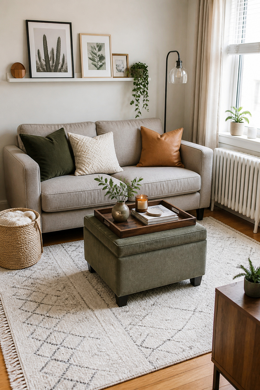 A multi-functional storage ottoman with a tray top doubles as seating and a coffee table in a small living room.