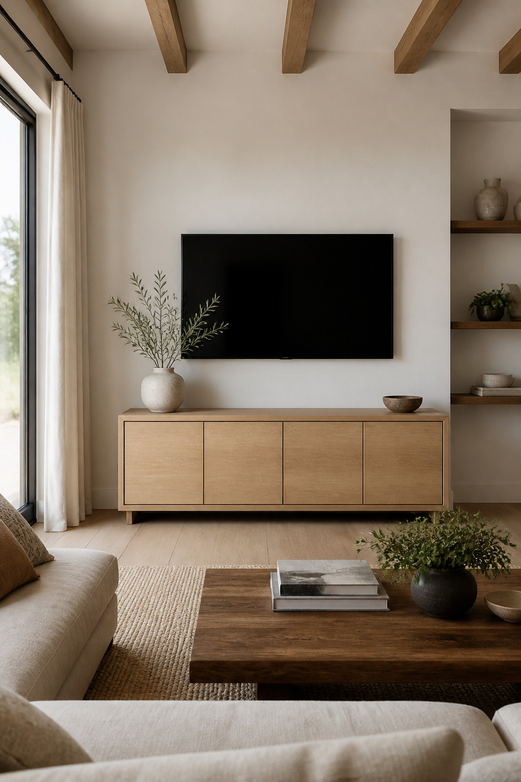 A closed-door console keeps electronics, remotes, and cords fully hidden for a clutter-free room.
