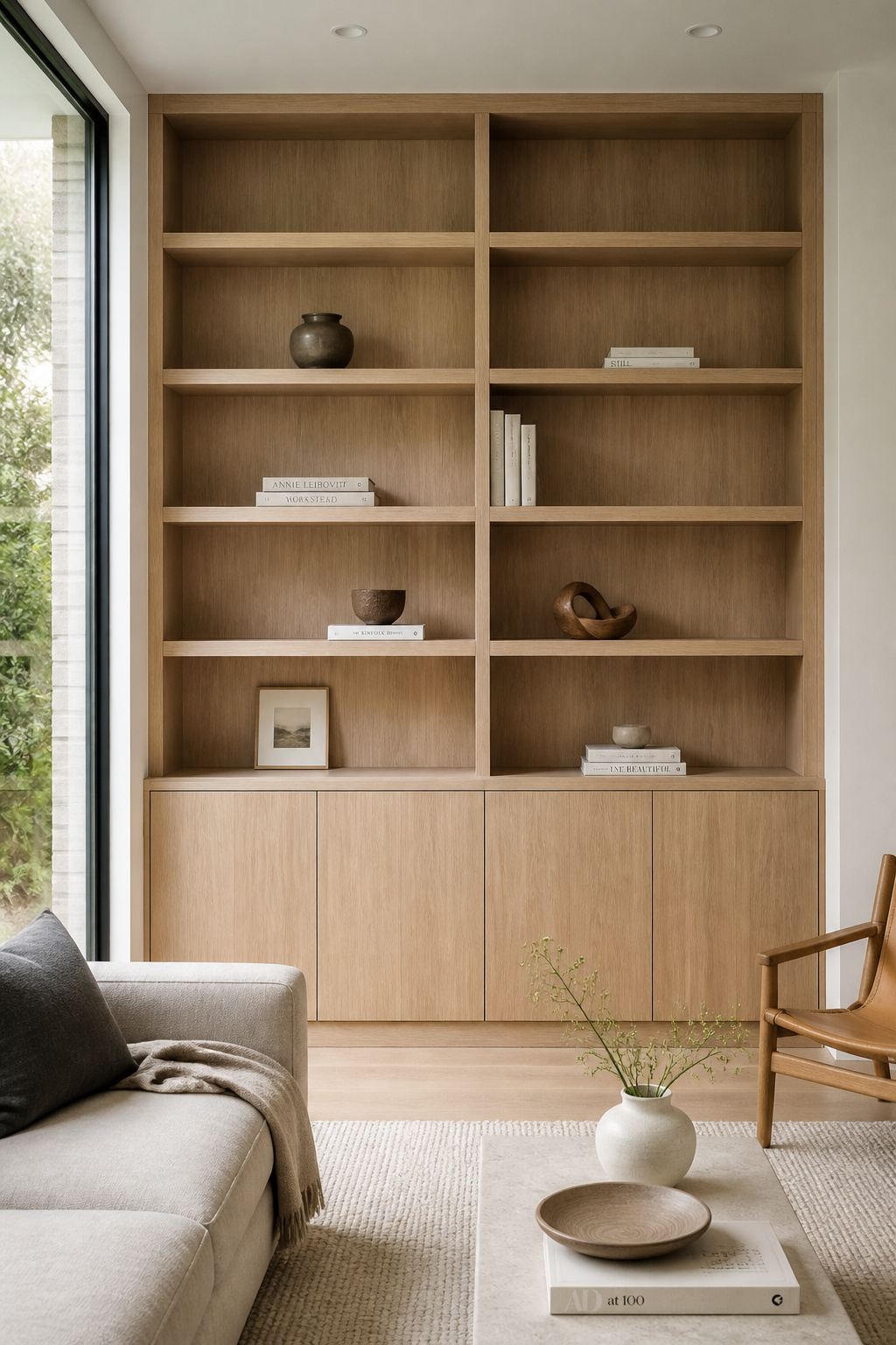 Floor-to-ceiling white oak built-ins mix closed storage with open shelving and deliberate negative space.