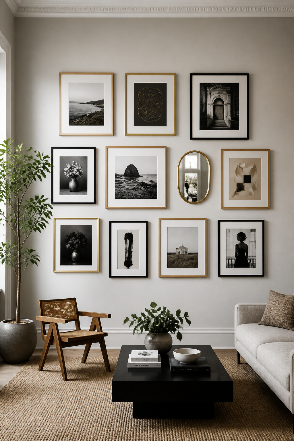 A curated gallery wall with consistent negative space between a repeating trio of frame finishes.