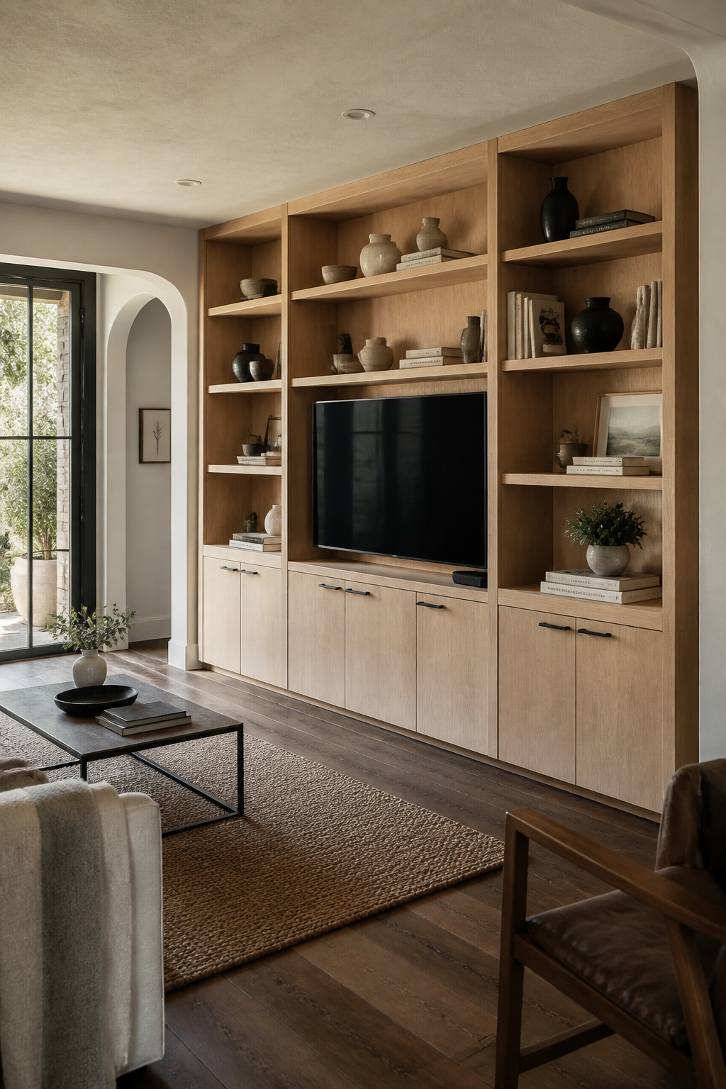 White oak cabinetry paired with matte black hardware lets the natural wood grain stay the focal material.