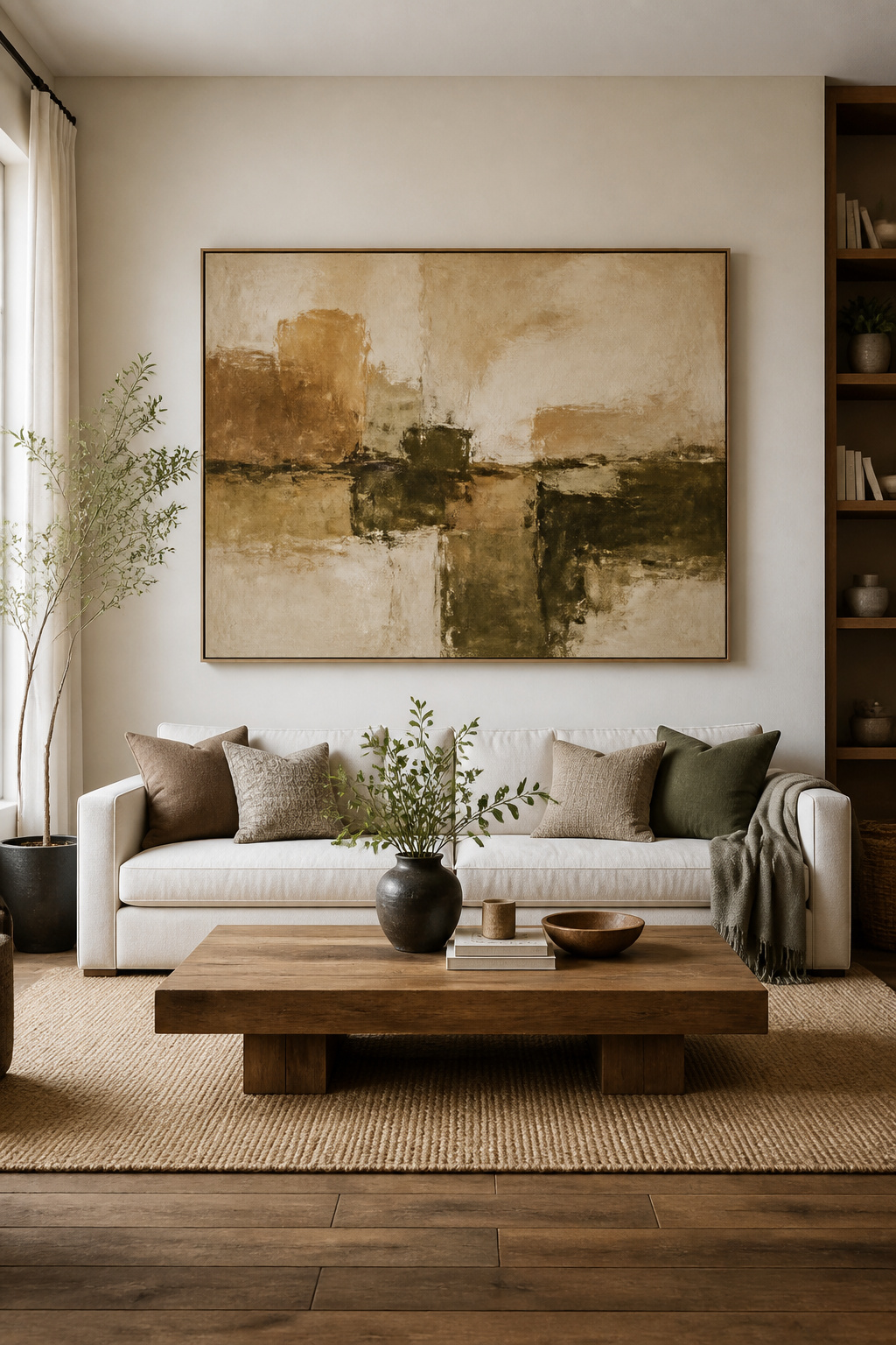 One oversized abstract artwork, properly scaled to the sofa below it, replaces a cluster of small frames.