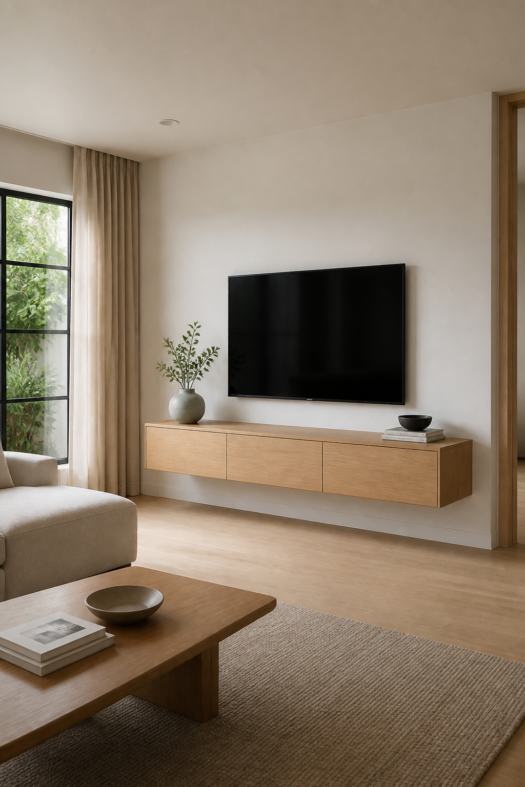 A floating white oak media console keeps the wall grounded and the floor open.
