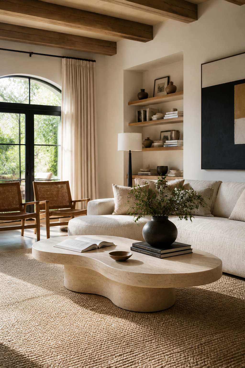 A sculptural travertine coffee table with an organic silhouette becomes the room's quiet centerpiece.