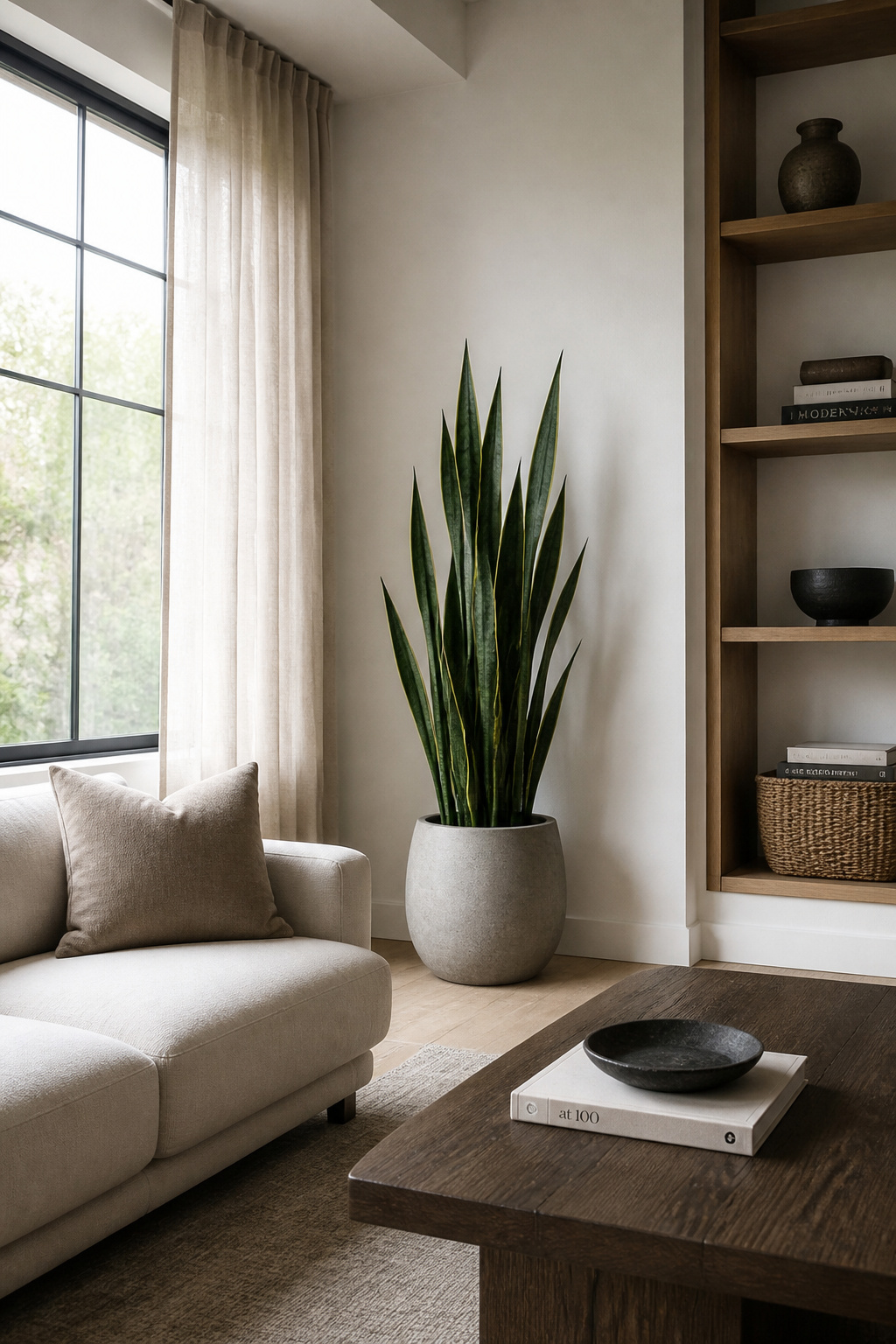 One large architectural snake plant fills an empty corner as living sculpture rather than clutter.