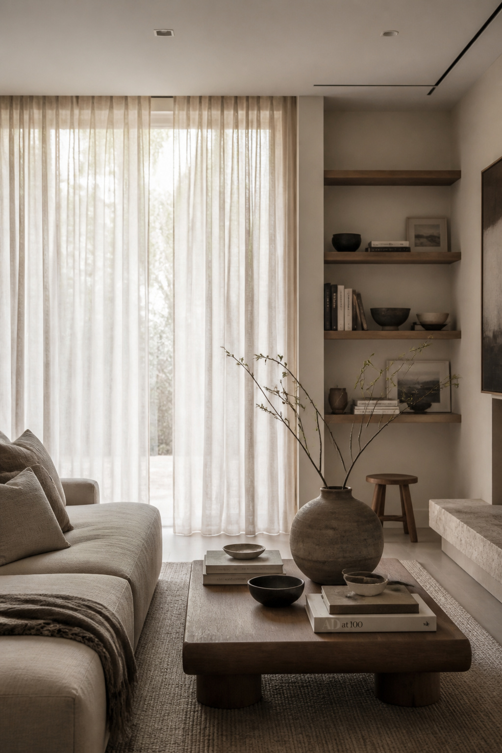 Ceiling-mounted, color-matched curtain tracks let linen sheers seem to emerge straight from the ceiling.