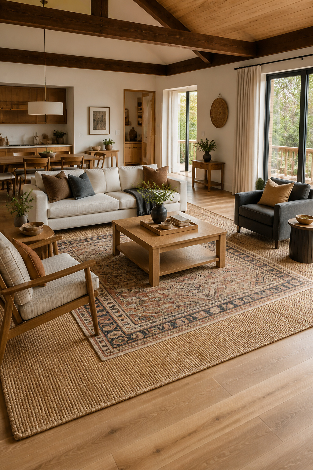 A layered jute-and-wool rug arrangement clearly defines the seating zone in an open-plan living room.