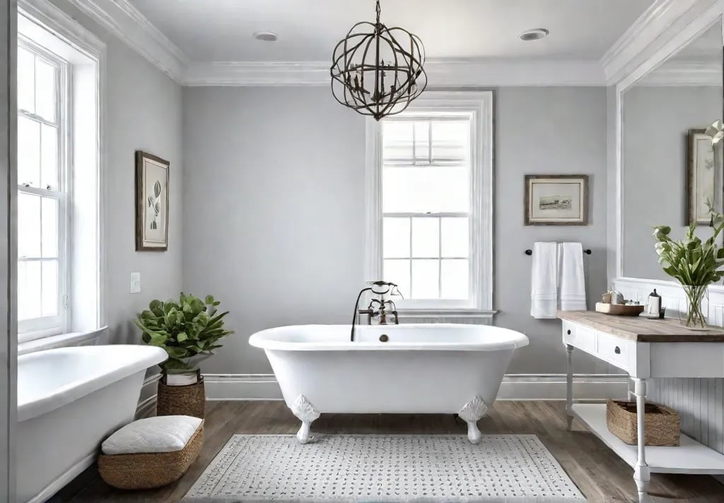 A bright airy master bathroom with a clawfoot tub white subway tilefeat