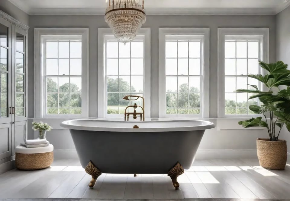A bright and airy classic master bathroom design featuring a freestanding clawfootfeat