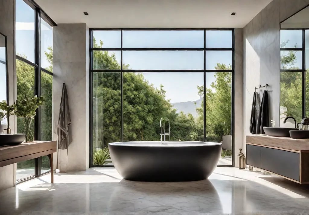 A luxurious and spacious master bathroom with a freestanding soaking tub positionedfeat