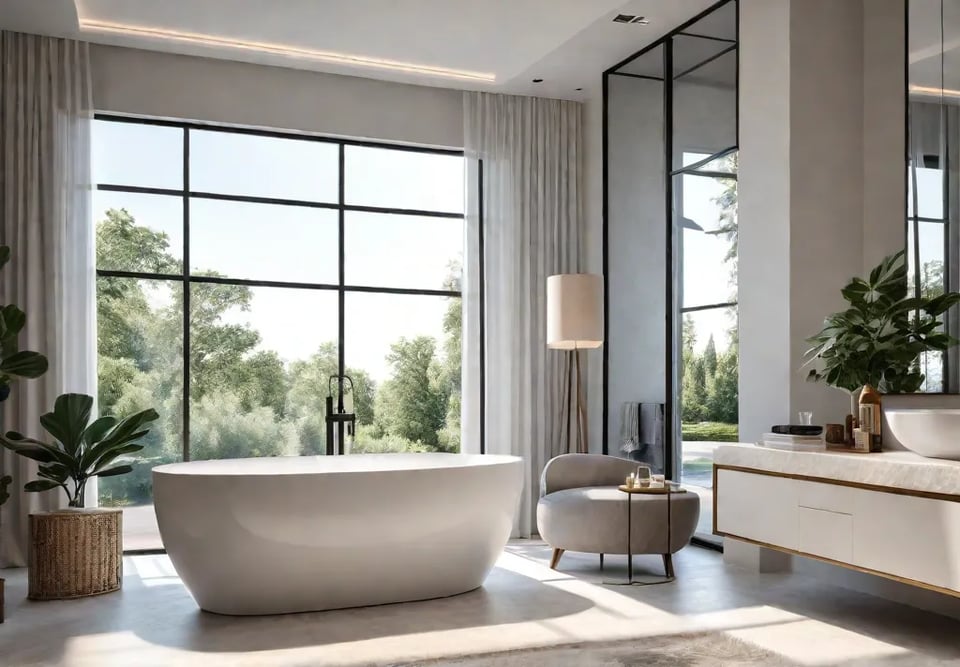 A luxurious master bathroom bathed in warm inviting light Sunlight streams throughfeat
