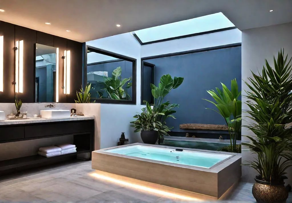 A pristine master bathroom sparkling with new fixtures reflecting the peace offeat