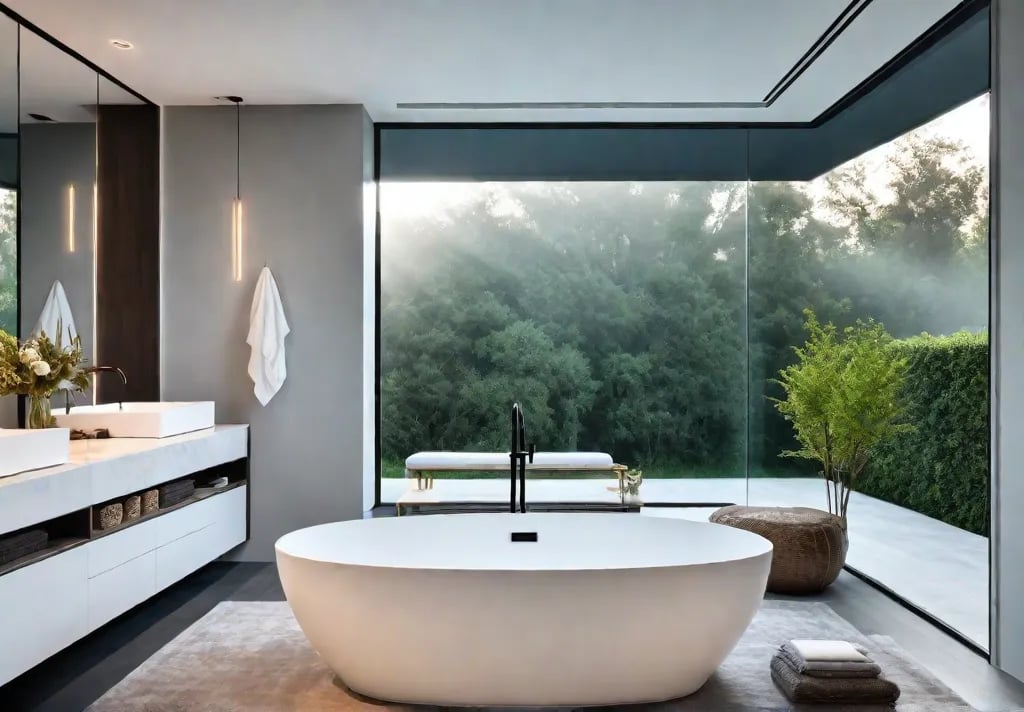 A serene and luxurious master bathroom with a freestanding bathtub large windowsfeat