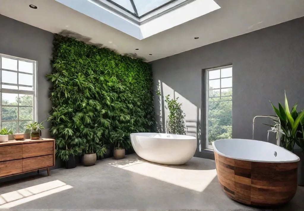 A sundrenched modern bathroom featuring a freestanding bathtub beneath a large skylightfeat