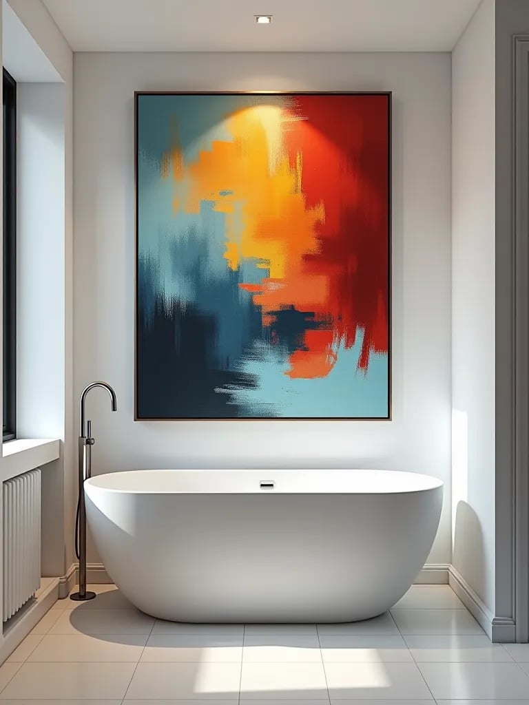 Abstract art in minimalist white bathroom