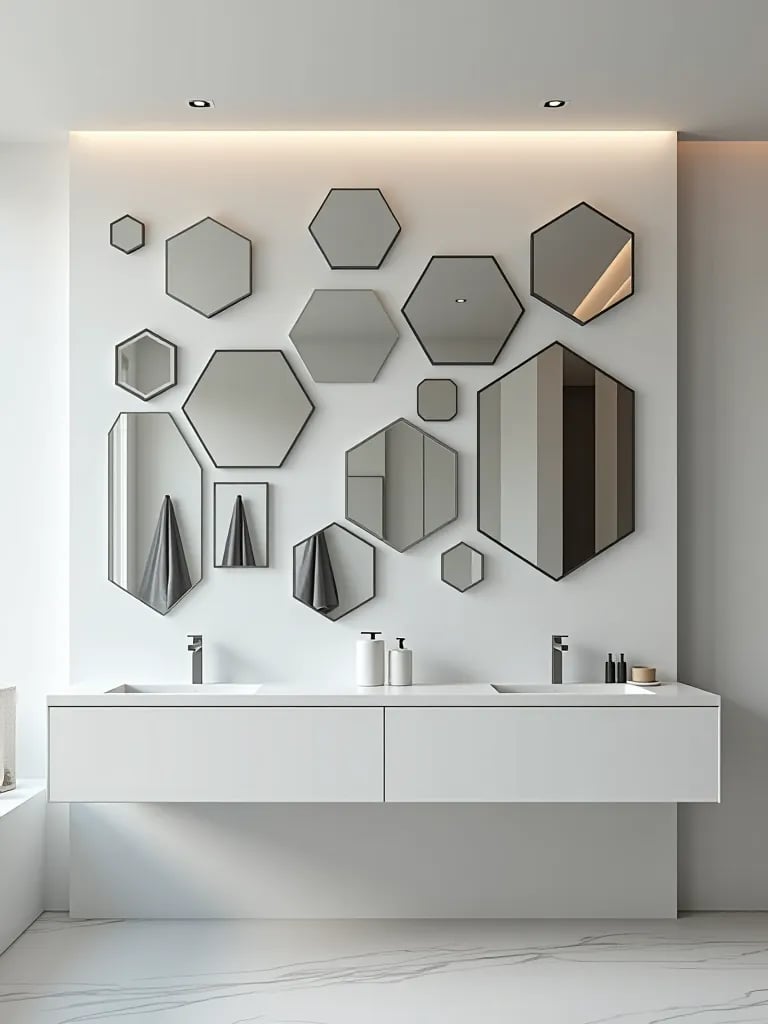 Abstract mirror art installation in sleek modern bathroom