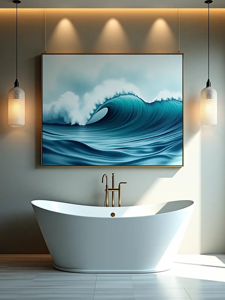 Abstract watercolor ocean painting in bathroom