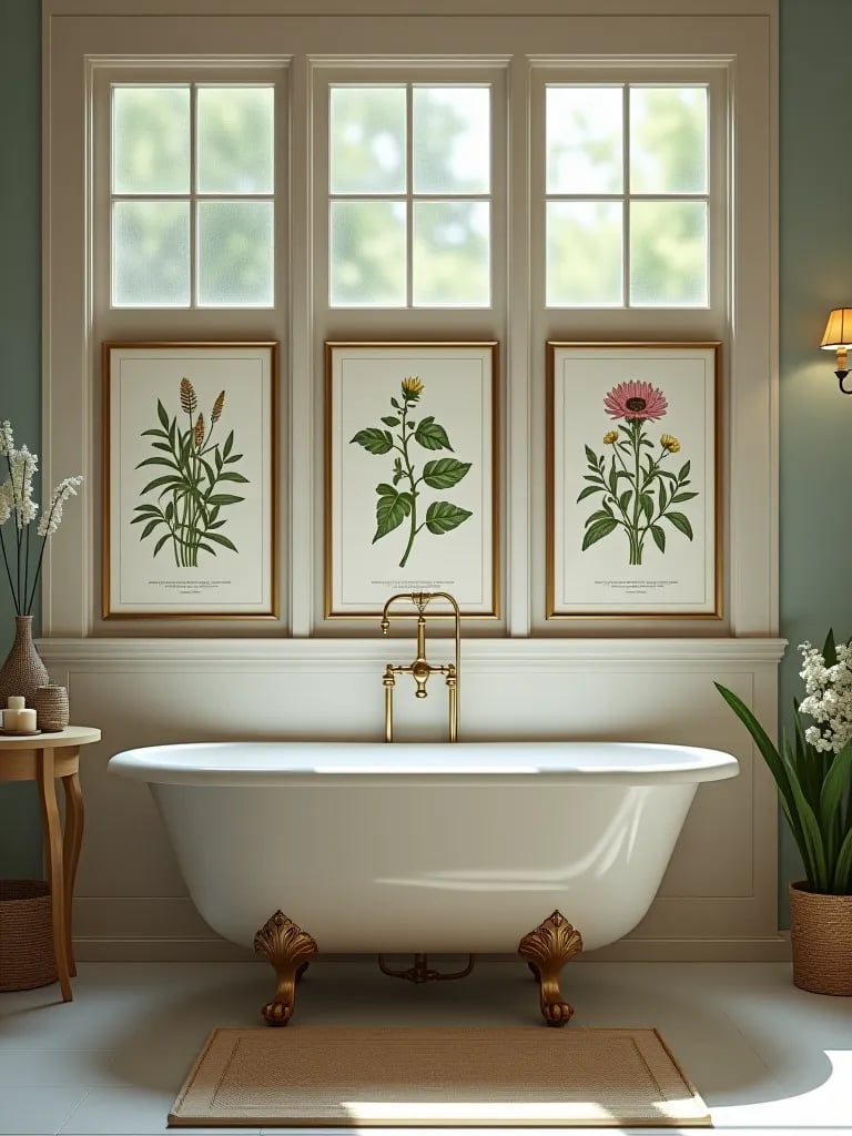 Airy bathroom with herbal artwork and clawfoot tub