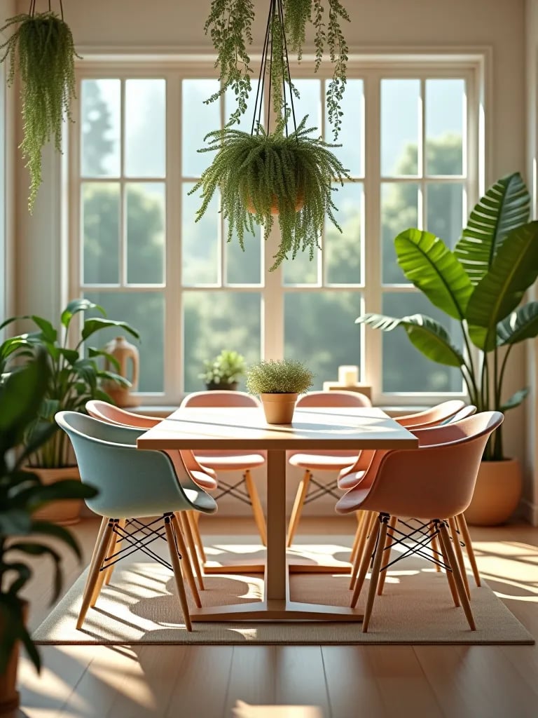 Airy dining space with modern chairs and hanging greenery