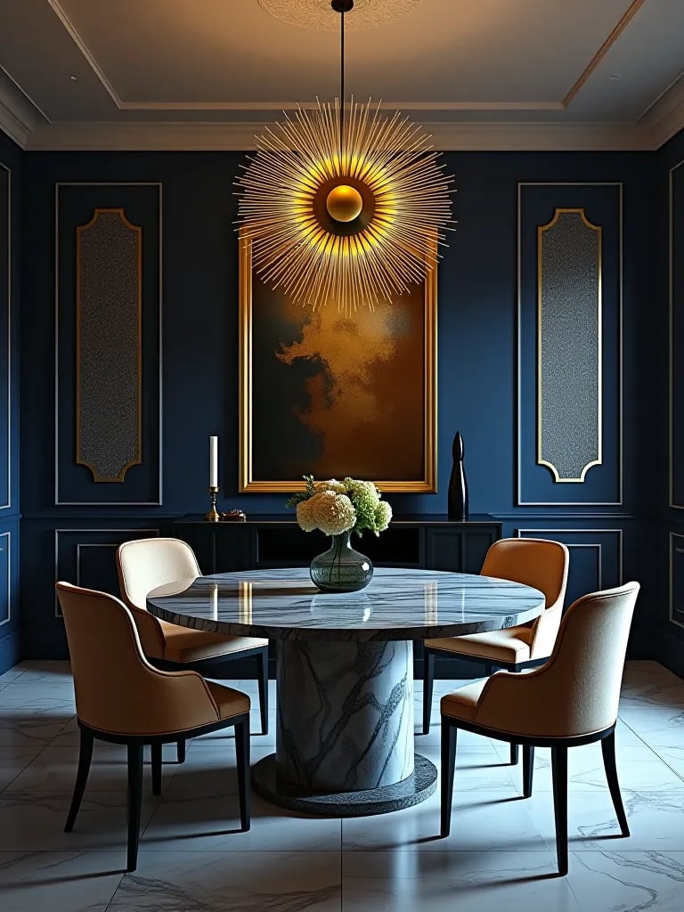 Art deco inspired dining room with sunburst chandelier