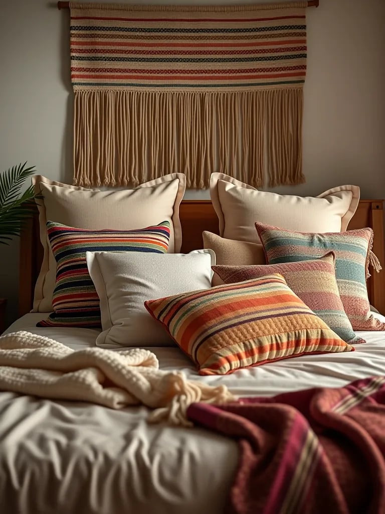 Artisanal boho bed styling with handcrafted textiles