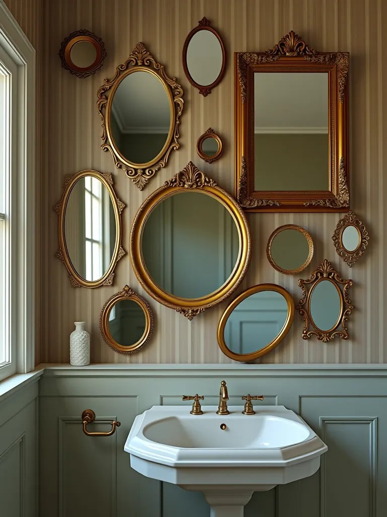 Artistic arrangement of various shaped vintage mirrors