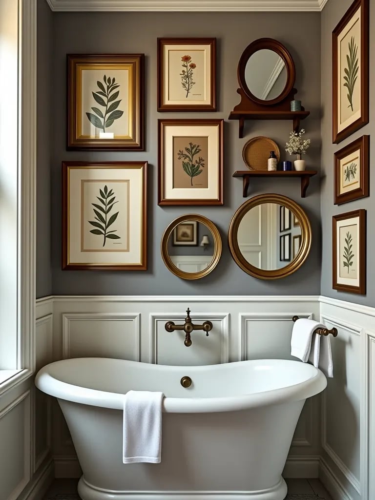 Artistic bathroom wall arrangement with frames and shelves