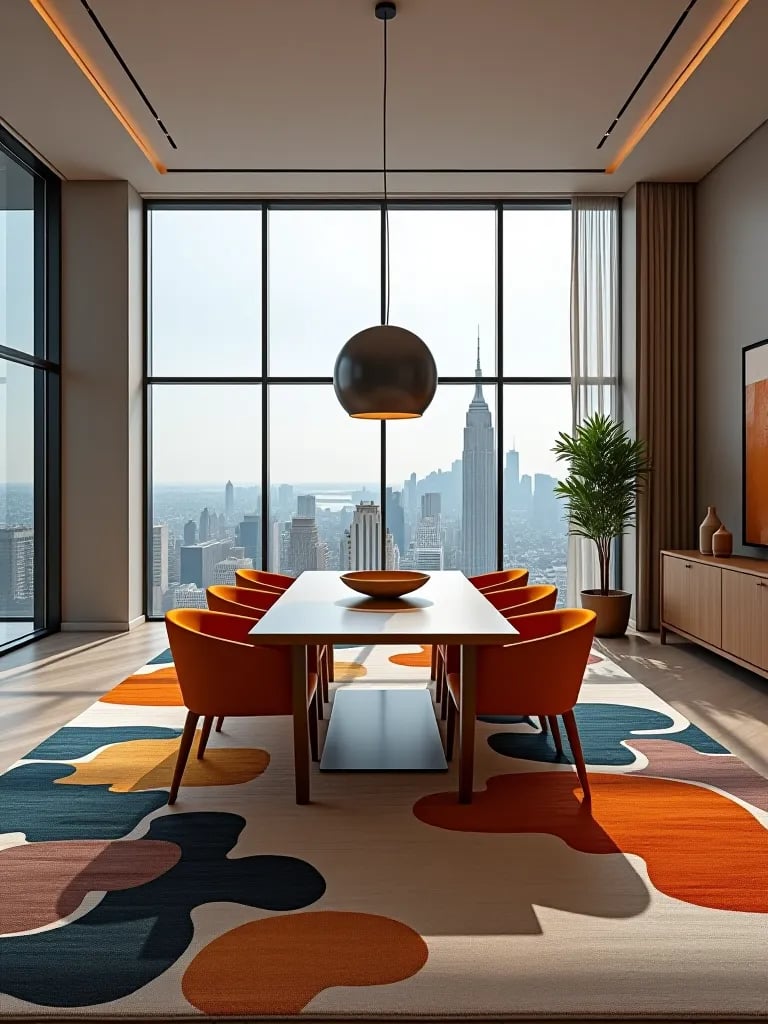 Artistic dining area with expressionist rug and modern furniture