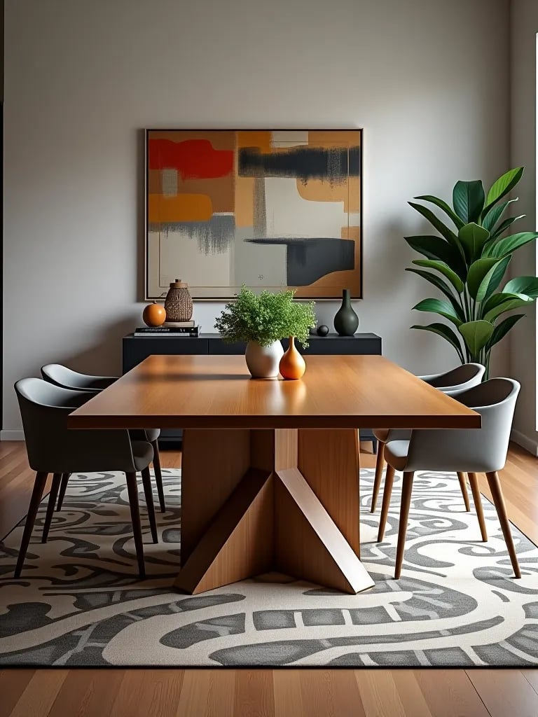 Artistic wooden dining table with geometric base on patterned rug