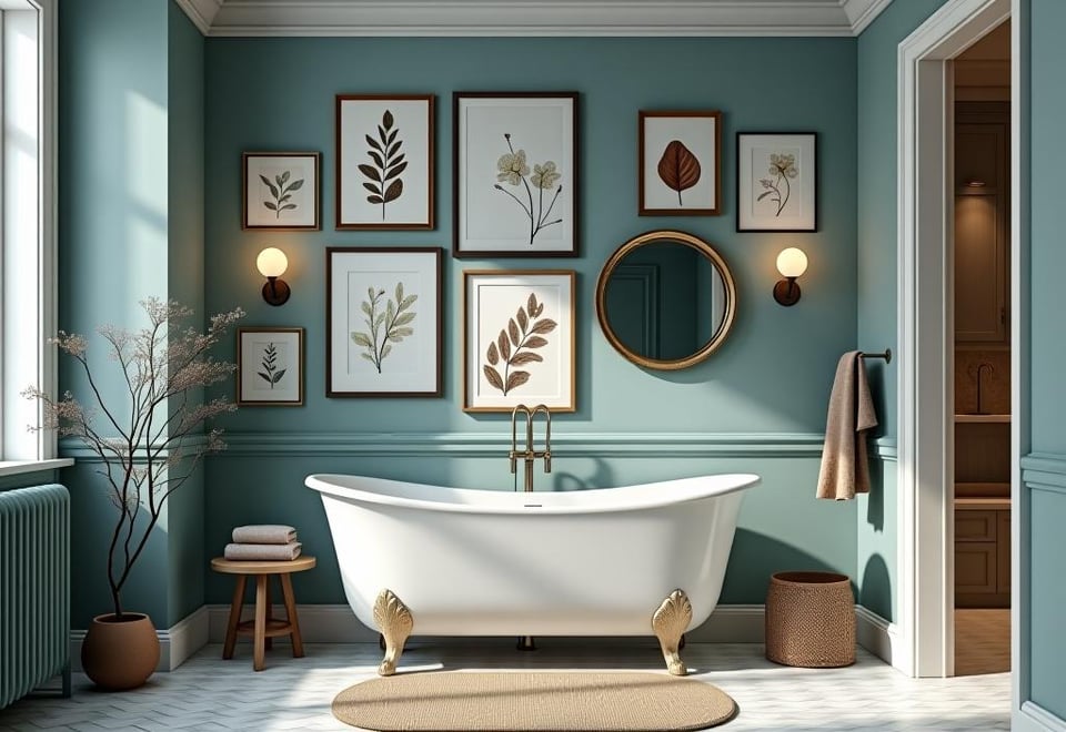 Asymmetrical bathroom gallery wall arrangement