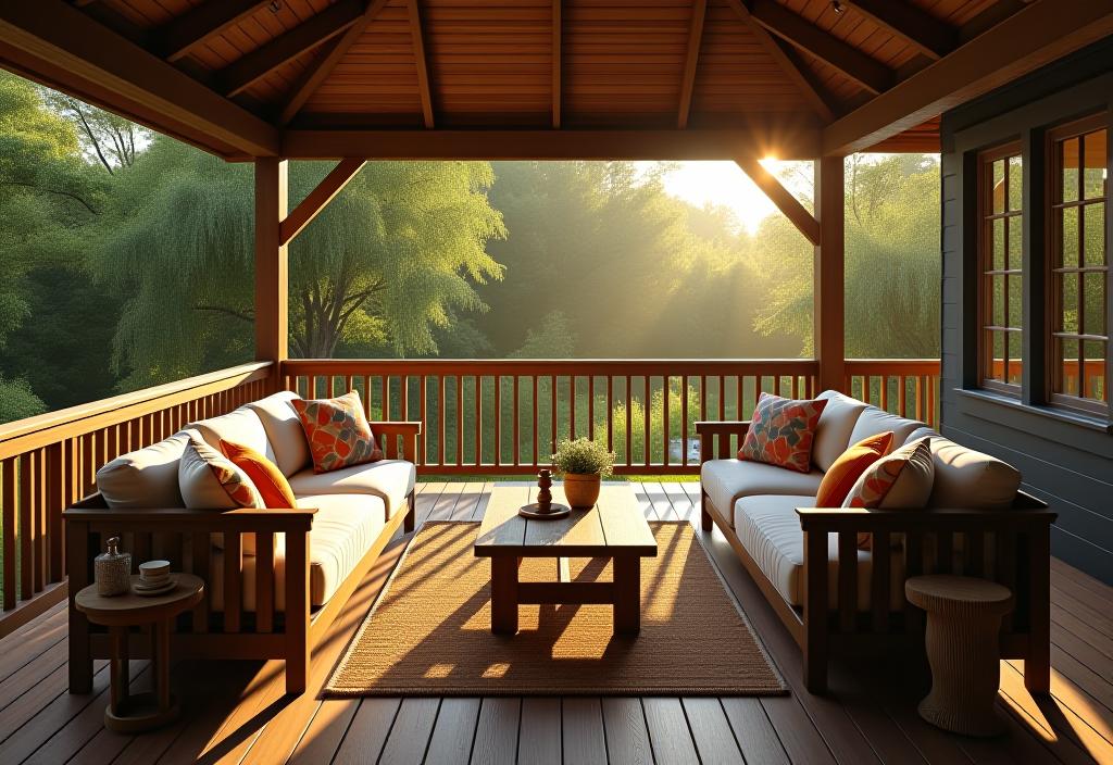 Atmospheric deck dining area with string lights