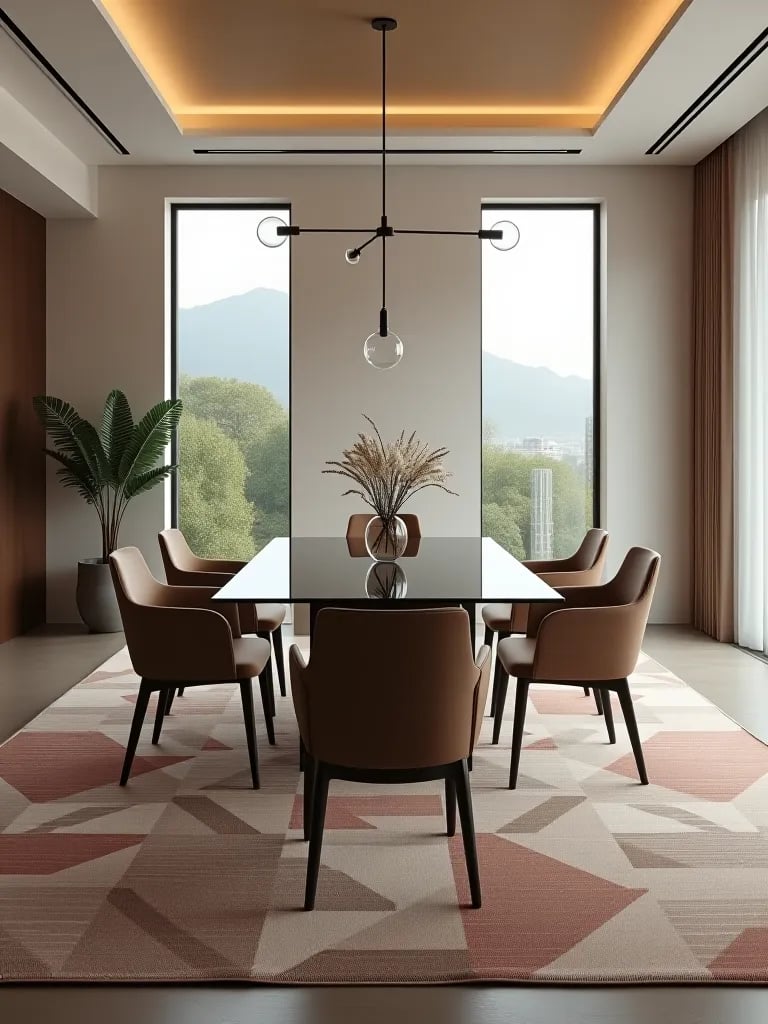 Balanced contemporary dining room with rug and glass furniture
