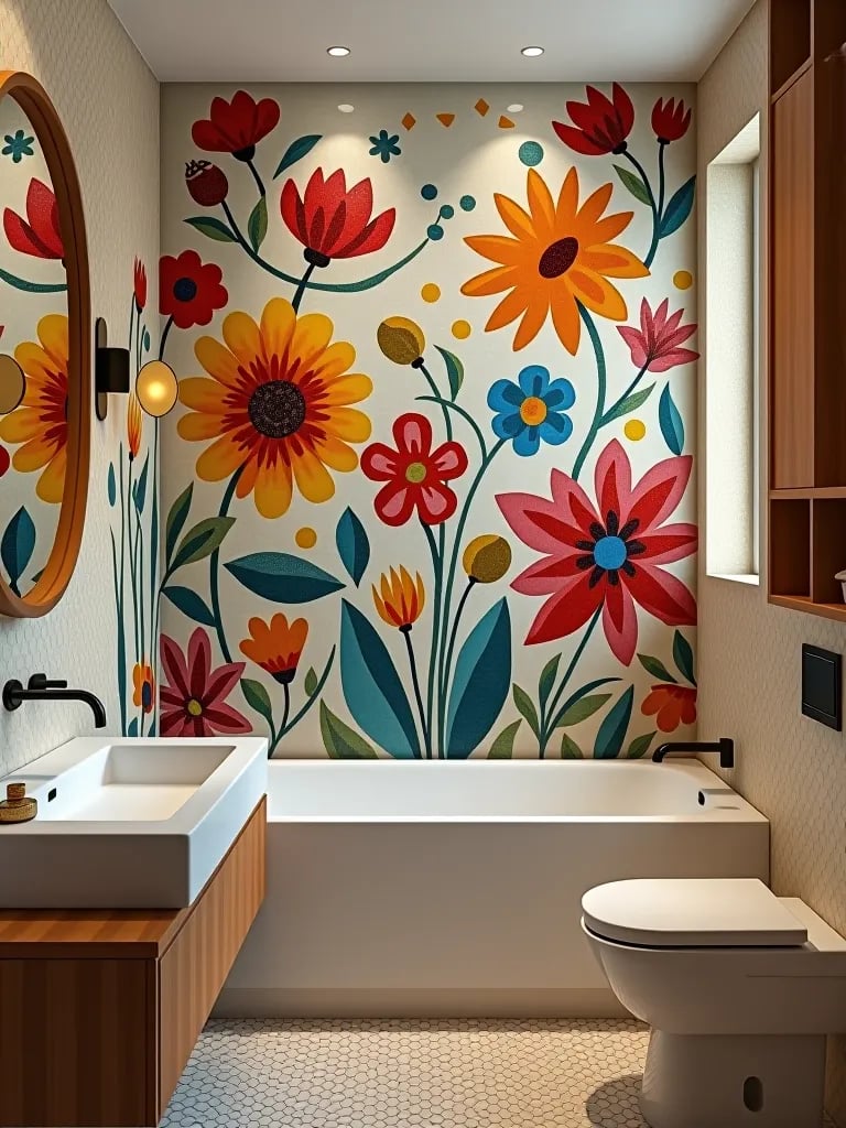 Balanced eclectic bathroom with bold tile art