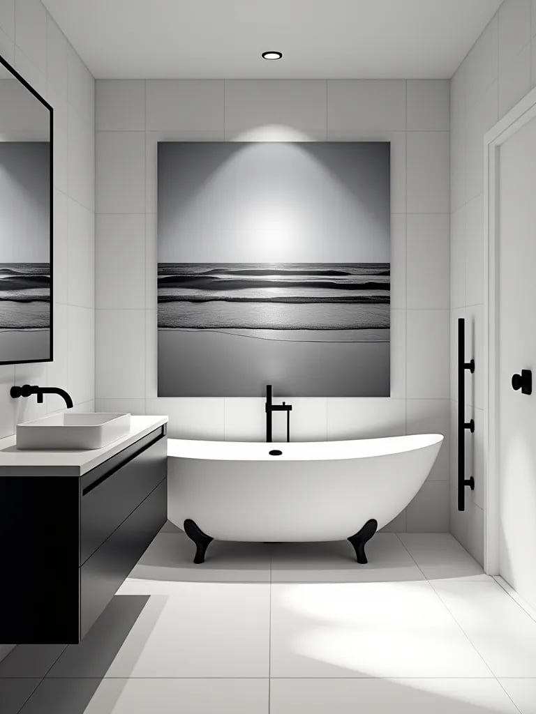 Balanced minimalist bathroom with striking wall art