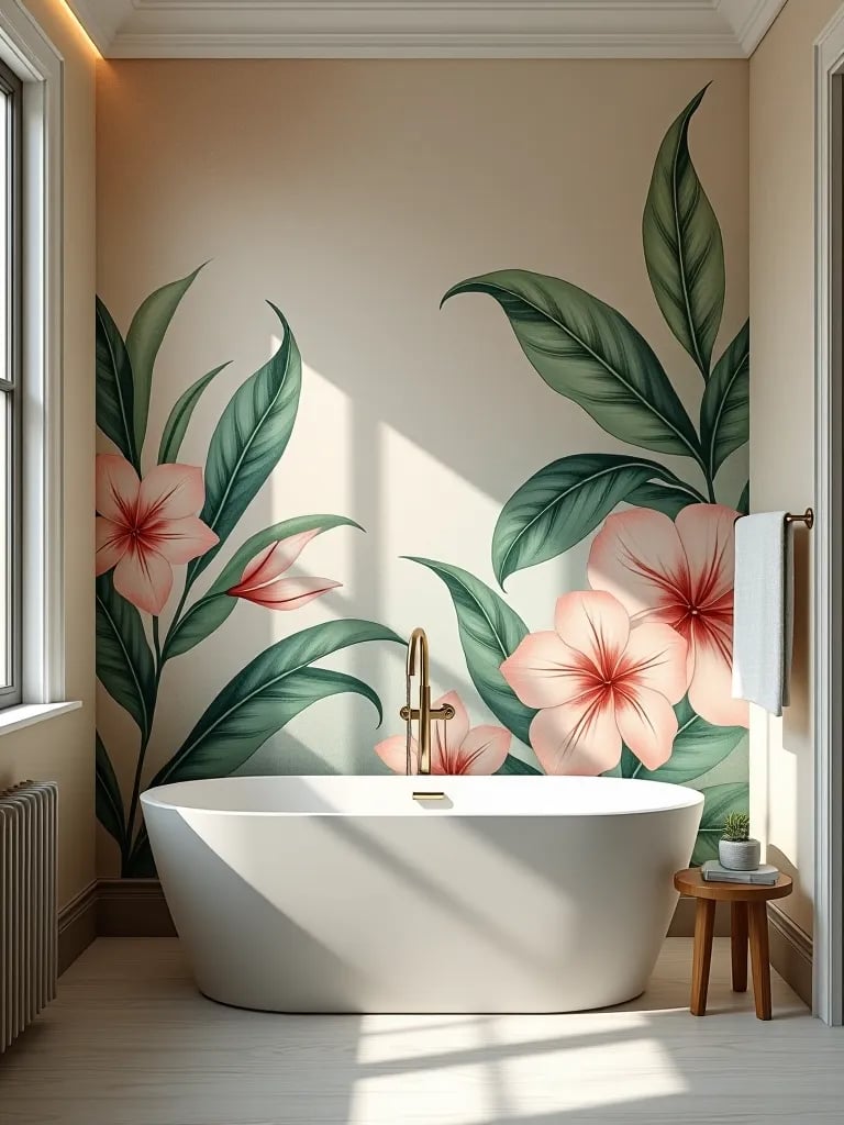 Bathroom featuring muted tropical watercolor wall mural