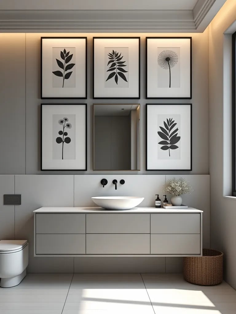 Bathroom vanity with overhead botanical gallery