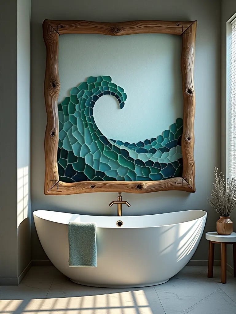 Bathroom wall art with sea glass mosaic in driftwood frame