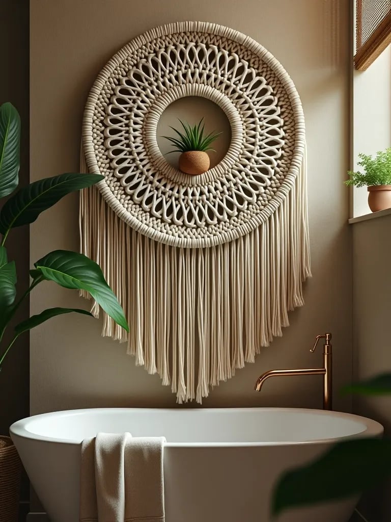 Bathroom wall featuring large circular macramé art with plants