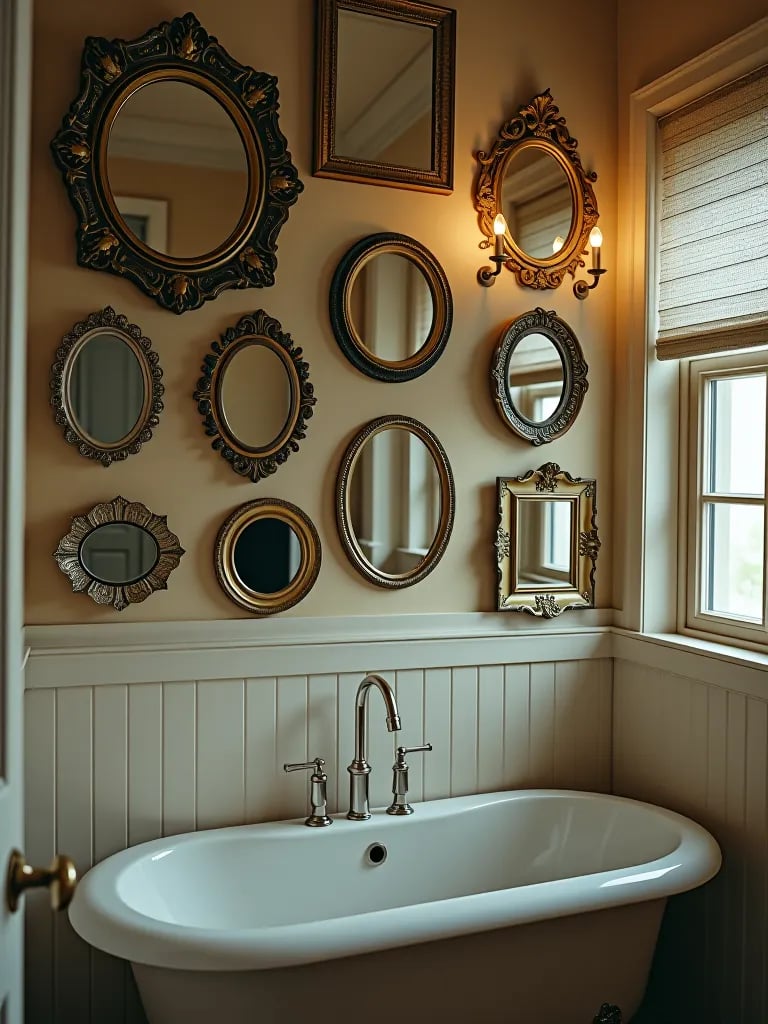 Bathroom wall with clustered vintage mirror collection