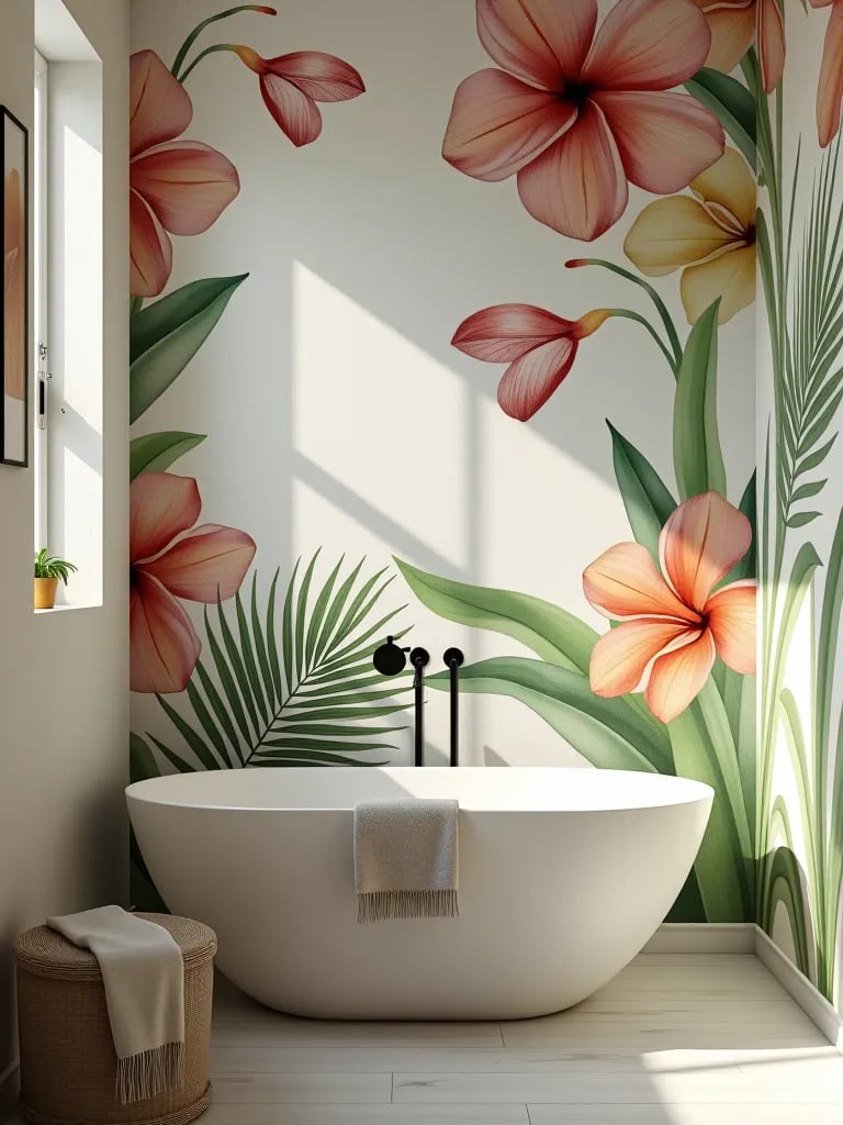Bathroom wall with muted tropical flower and leaf mural