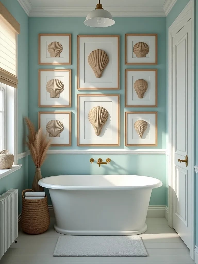 Bathroom with diverse marine art gallery wall