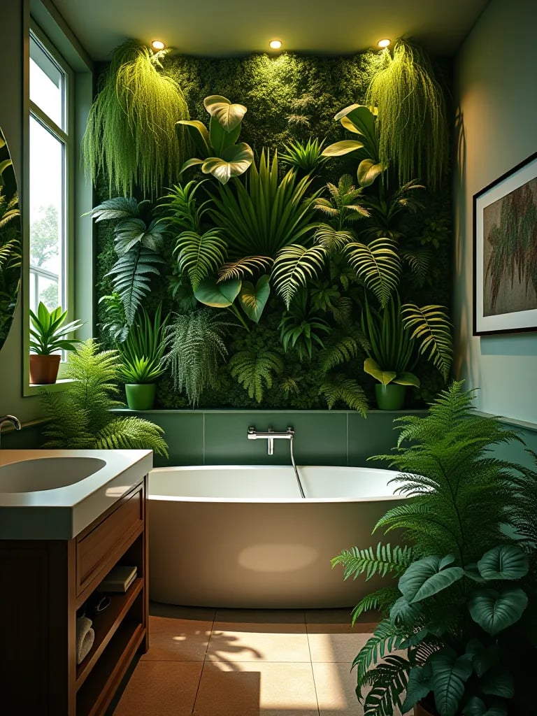 Bathroom with floor to ceiling plant wall