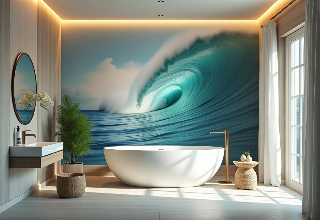 Bathroom with soothing wave artwork