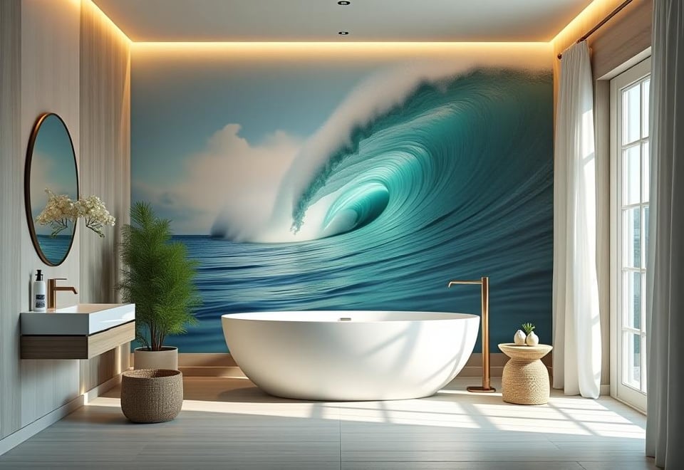 Bathroom with soothing wave artwork