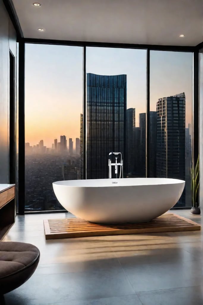 Bathroom with a cityscape view