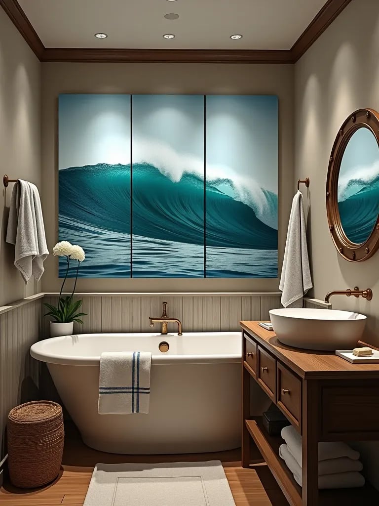 Beach inspired bathroom featuring water resistant wave artwork